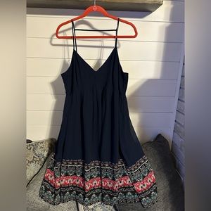 Maunces Navy Blue Floral Spaghetti Straps Lined Flaired Dress